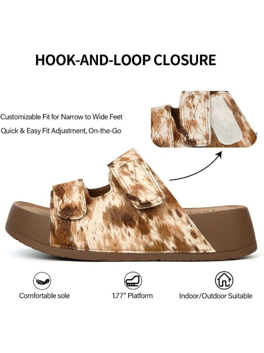Womens Brown Cowprint Genuine Leather Slip on Slide Buckle Platform Sandal Shoes - Picture 3 of 6